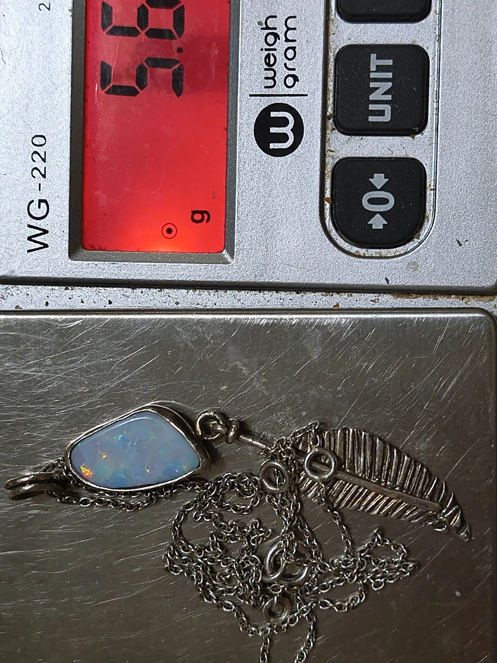 Vintage Sterling Silver& Natural Opal Feather Pendant Navajo Necklace Signed